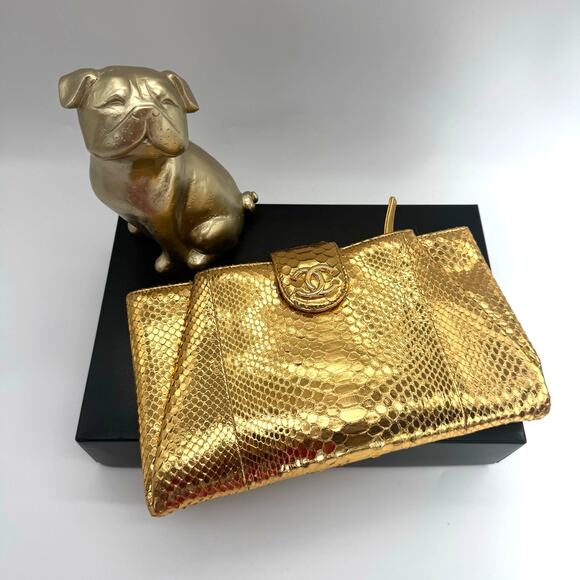 Chanel Gold Metallic Python Clutch Series 19 2014 Full Set Glam - Picture 1 of 16